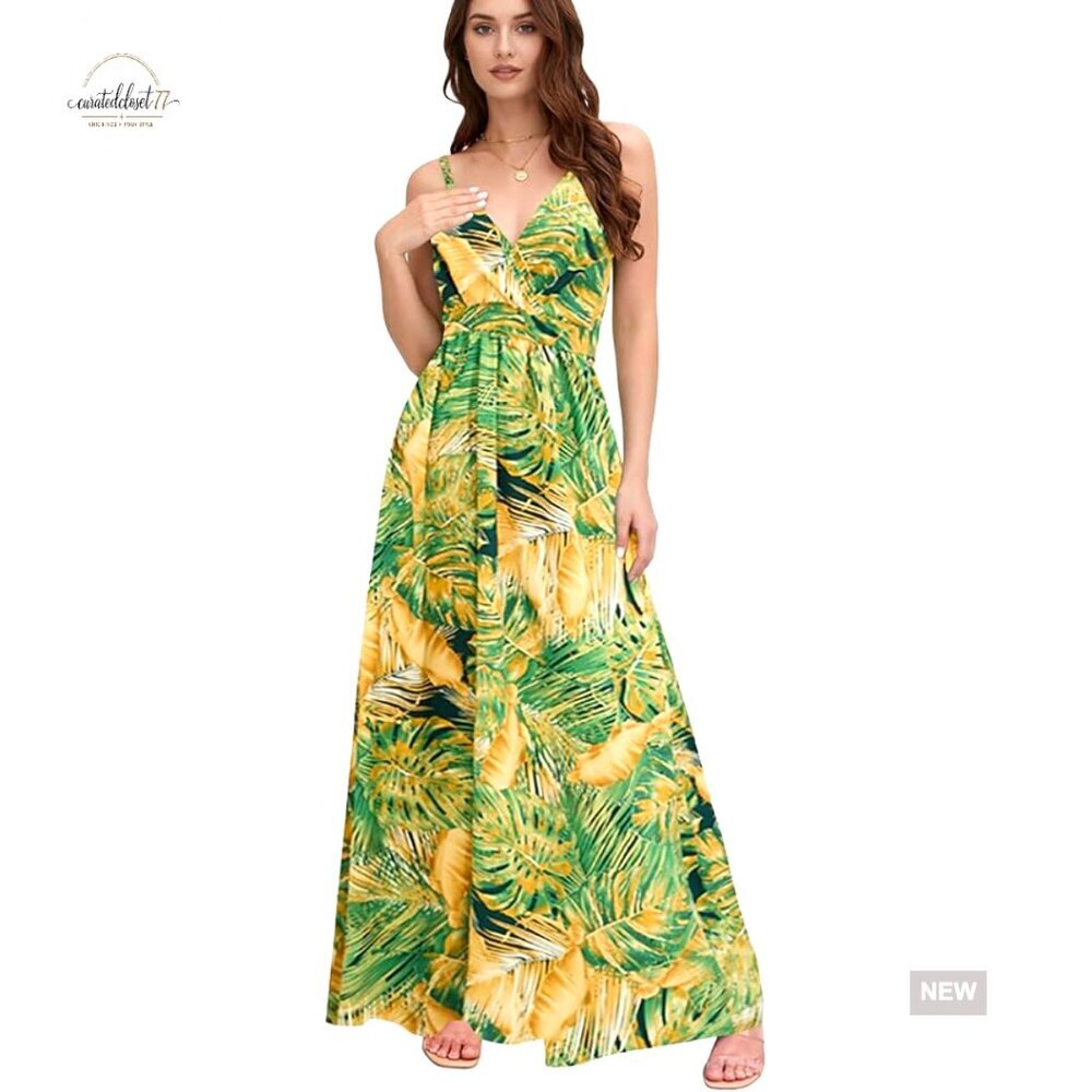 Floral Maxi Dress V-Neck Spaghetti Strap Boho Summer Beach Casual